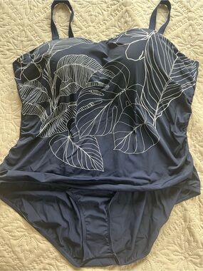 Jantzen Navy One-Piece Swimsuit with White Leaf Print